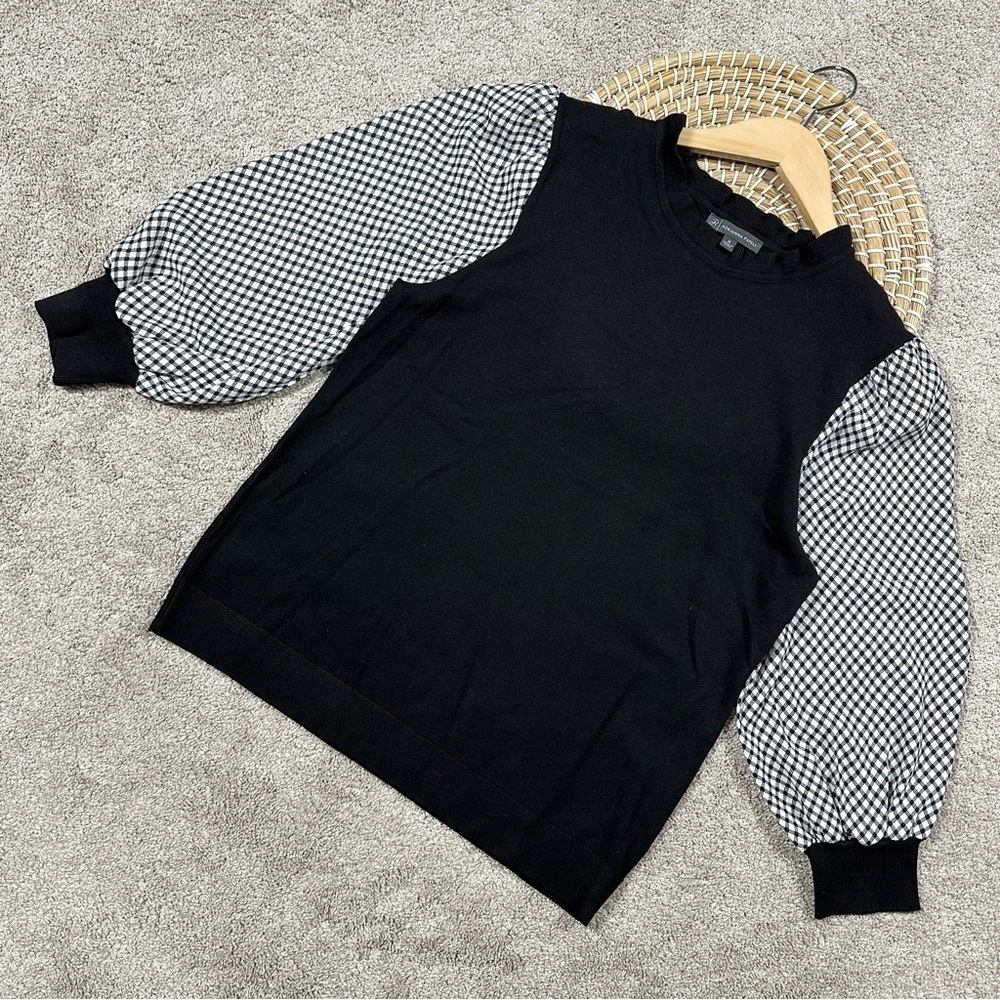 Adrianna Papell Sweater Blouse 3/4 Balloon Sleeve Gingham Ruffle Neck in Black M